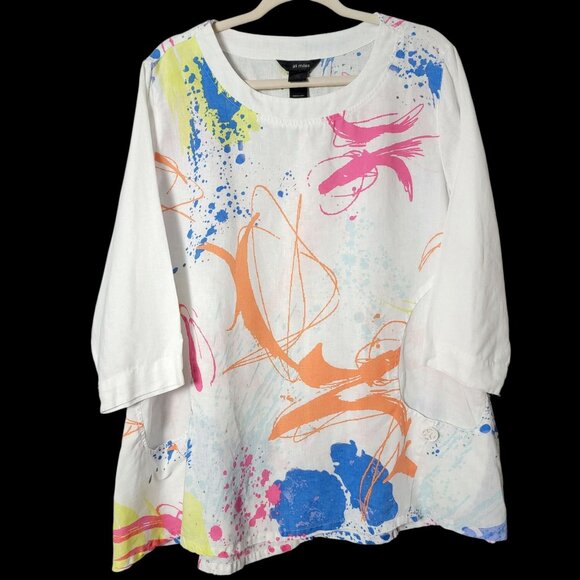 Ali Miles Womens Linen Multicolor Artsy Paint Splatter Lagenlook Tunic Top Large - Picture 1 of 11